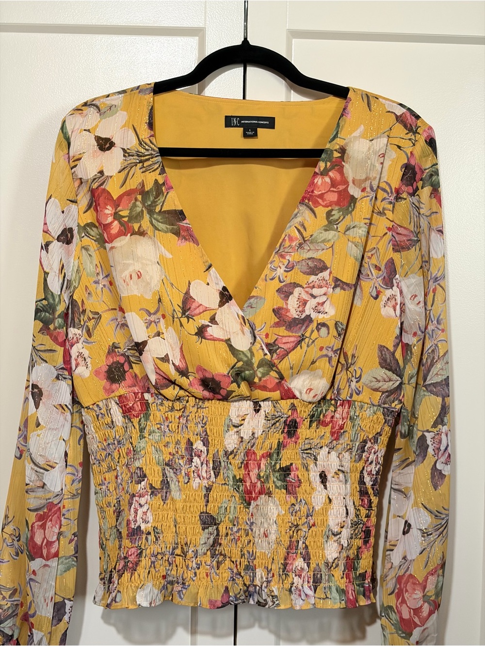 INC International Concepts Golden Floral V-Neck Smocked Waist Blouse Size L
